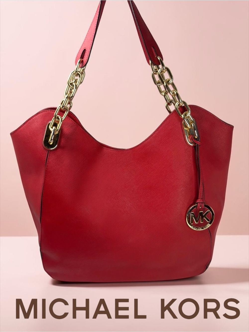 Michael Kors Large Jet Set Chain Tote Bag Red Saffiano Leather Gold Hardware